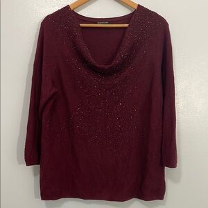 Eileen Fisher Burgundy Red Merino Wool Cowl Neck Glass Beads Sweater M